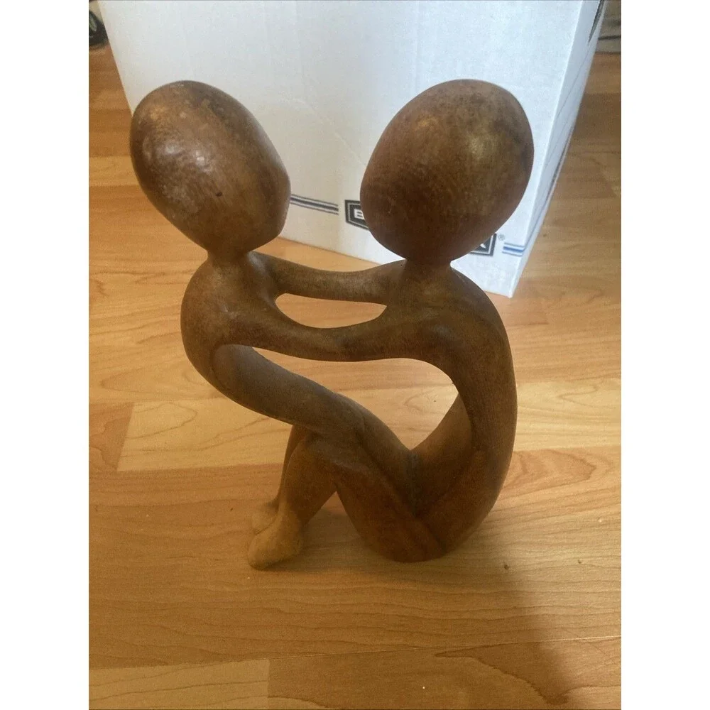 Hand-Carved Wooden Sculpture Mother and Child Embrace Abstract Figurine 11”
